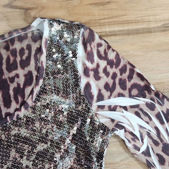 🔹️Cache Brown & Cream Sequined Leopard Burnout Long Sleeve Top Small - Picture 5 of 12
